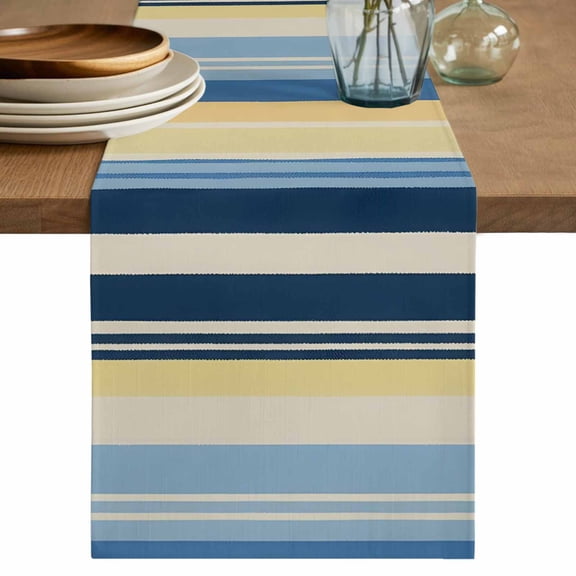 Table Runner 90 Inch Long - Yellow Blue Stripes Farm Decorative Table Scarf, Retro Watercolor Lines Dining Table Runners for Wedding Party Kitchen Dining Tables