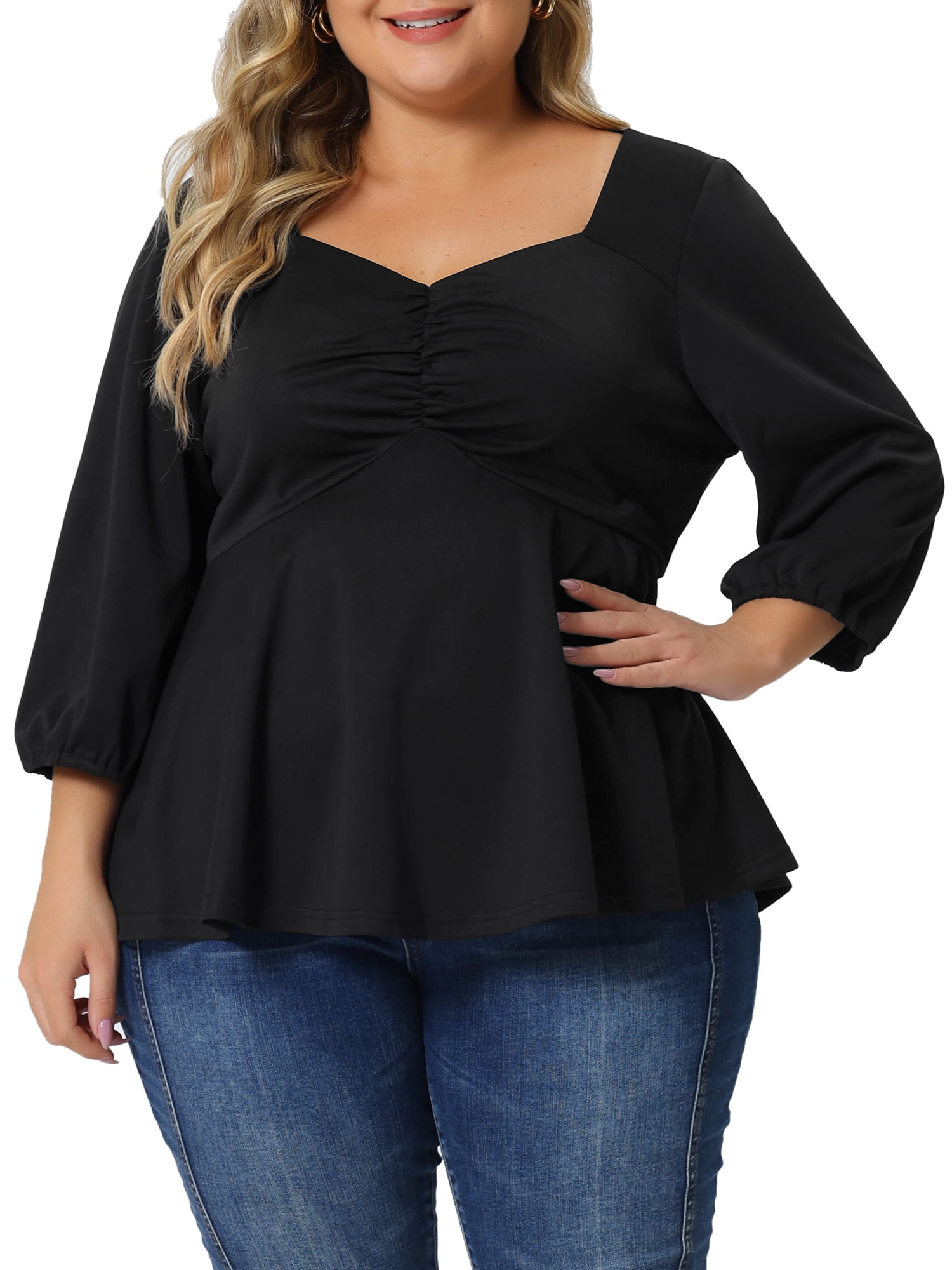 Unique Bargains Women's Plus Size Blouse Sweetheart Neck Elbow Sleeve Peplum Tops 4X Black, image size:1500x2000