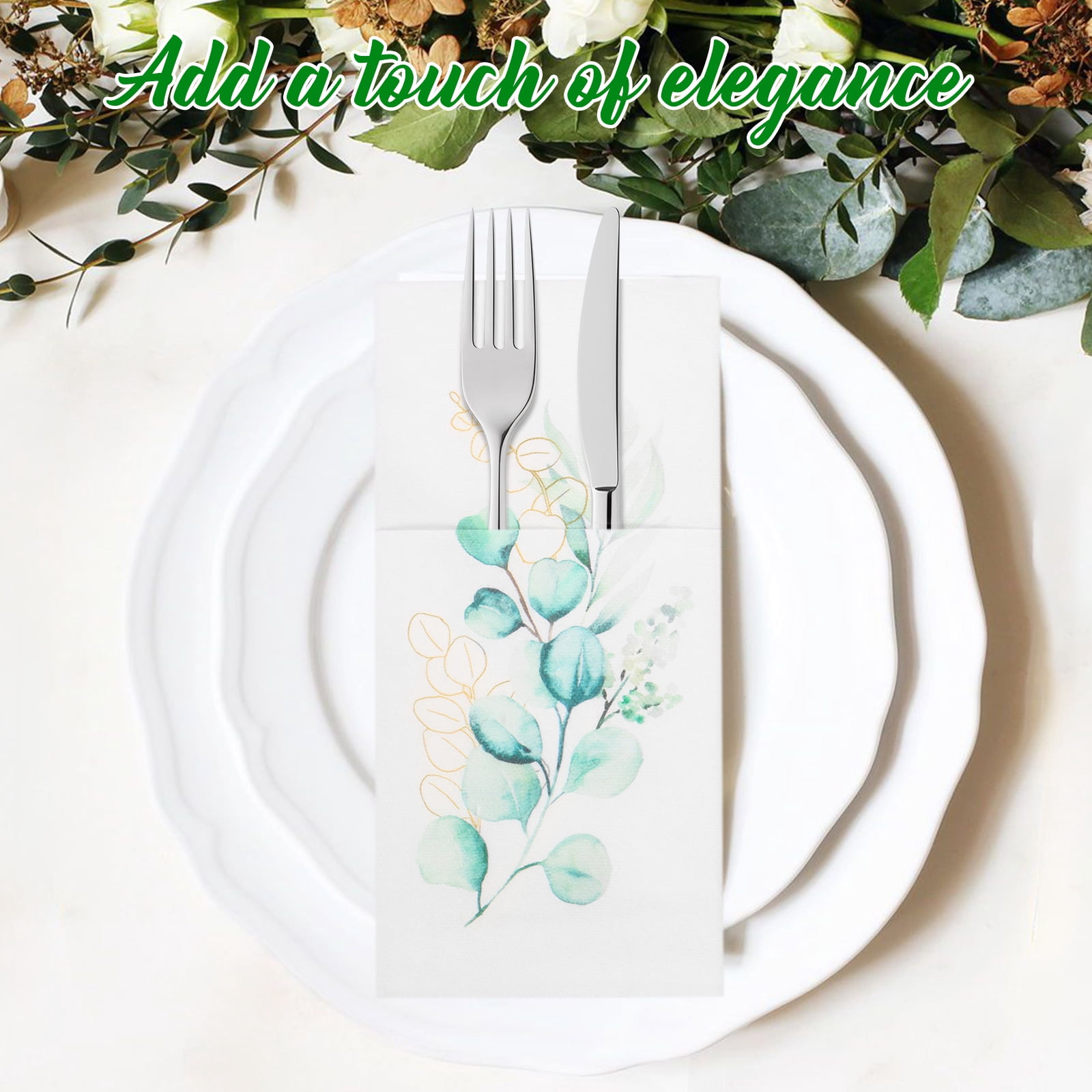 Atopoler 50Pcs Flower Pattern Paper Napkins,Safe Multipurpose Linen Feel Napkins with Flatware Pocket for Wedding Baby Shower Birthday Party,Style 1