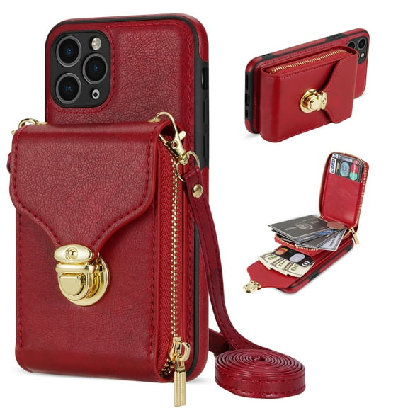 Nalacover Wallet Case for Apple iPhone 11 Pro,with Removable Adjustable Shoulder Strap,PU Leather Back Zipper Pocket Card Holder Stand Purse Shockproof Phone Case for Women Men,Red