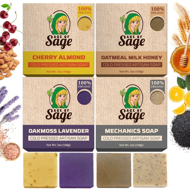 Age of Sage Juego de regalo de jabón en barra natural artesanal hidratante con proceso en frío para mujeres, paquete de 4 aromas de miel y él: cereza, almendra, avena, leche, miel, musgo de roble, lav