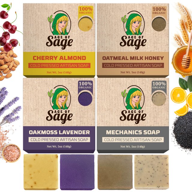 Age of Sage Juego de regalo de jabón en barra natural artesanal hidratante con proceso en frío para mujeres, paquete de 4 aromas de miel y él: cereza, almendra, avena, leche, miel, musgo de roble, lav