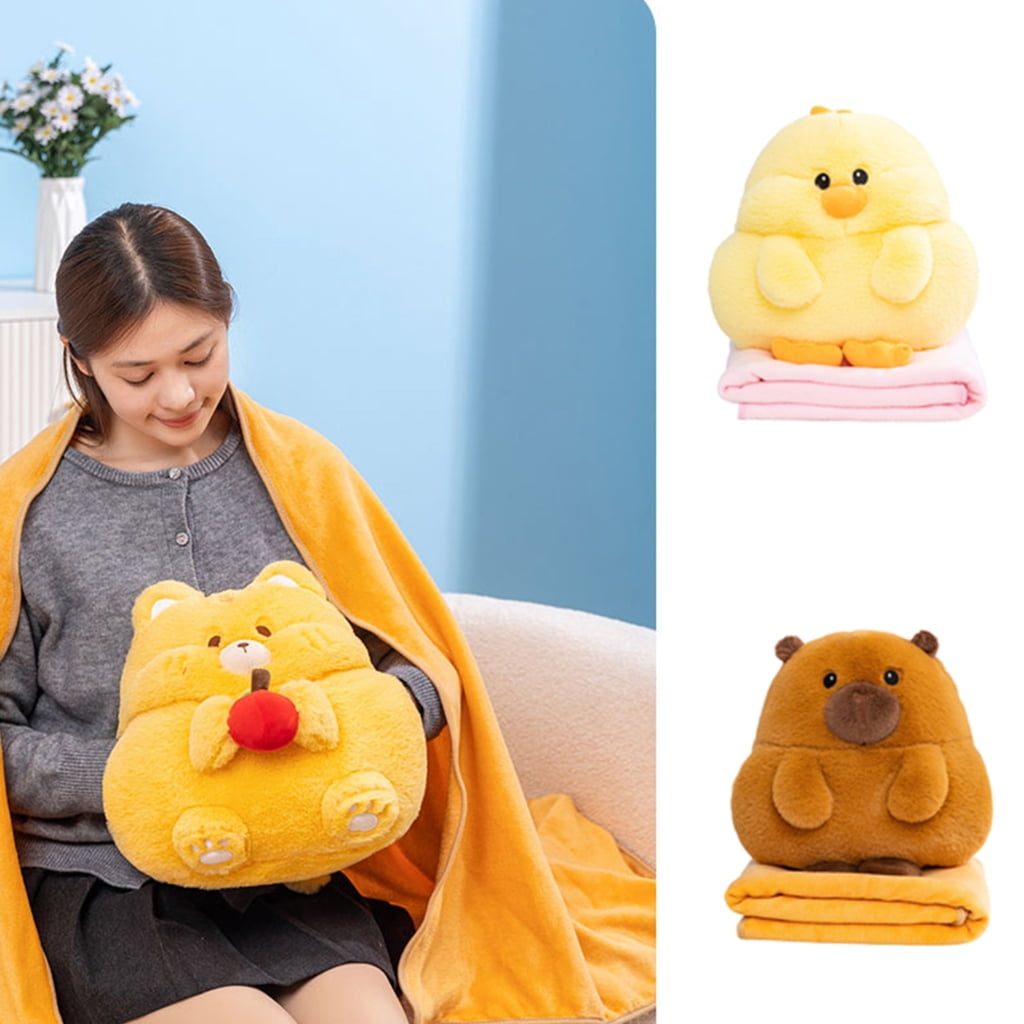 Zeiwohndc Cartoon Capybara Hamster Cushion Blanket Combo Soft Plushie Pillow Throw