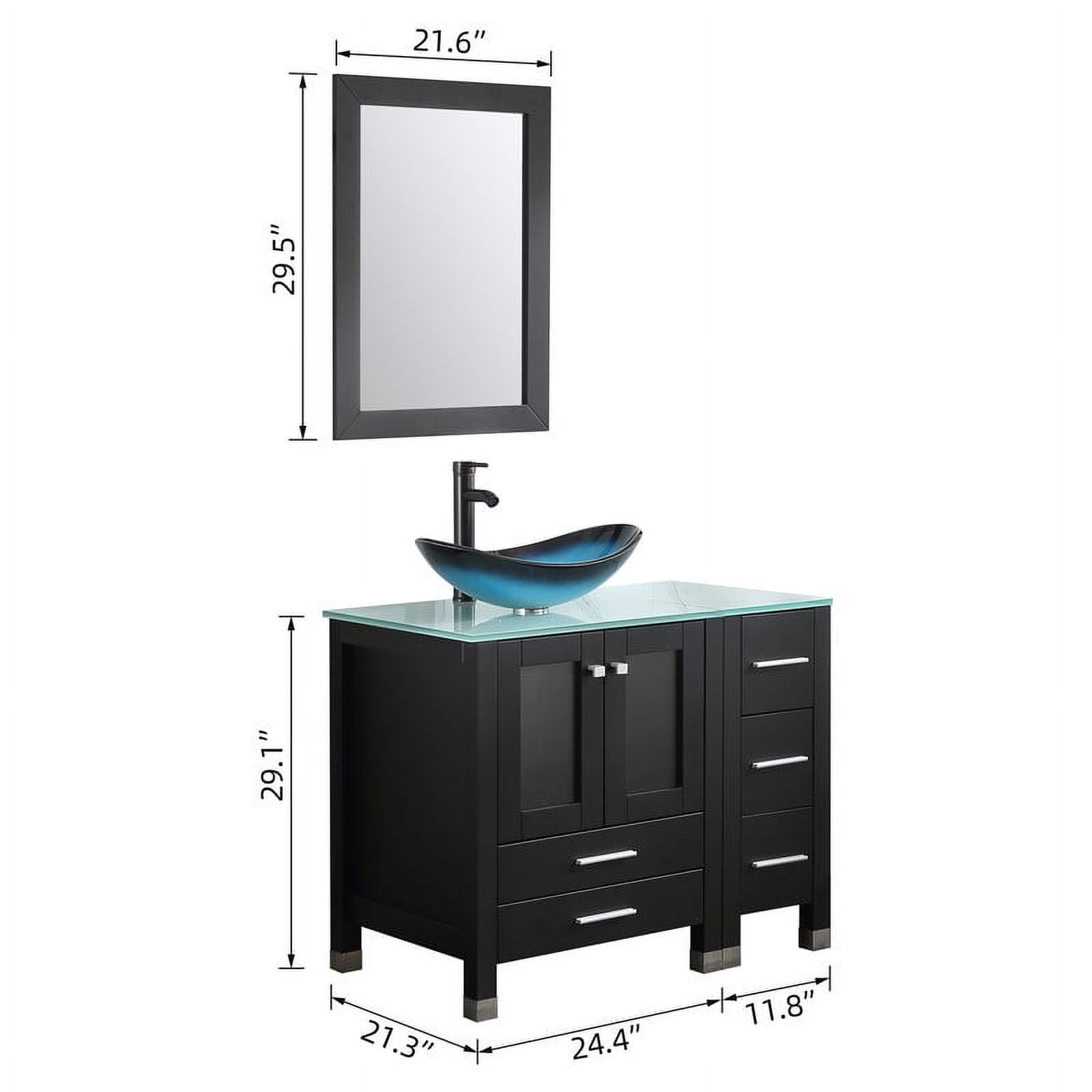 Walsport 36" Luxurious Bathroom Vanity with Blue Tempered Glass Vessel Sink Bowl and Countertop and Mirror and Faucet,Stand Floor Cabinet Bathroom Storage Vanity with Pop Up Drain,Black