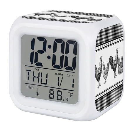 Alarm Clocks Farm Rooster Digital Clock 7 Color LED Night Light Silent Non-Ticking Battery Operated Farmhouse Animal Black Plaid Cube Clocks for Bedroom Bedside Living Room Office School Decor