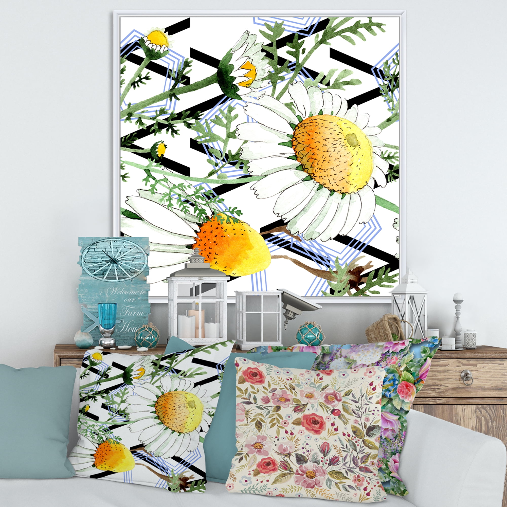 Designart 'Wild Spring Chamomile Flowers On Geometric Lines' Traditional Framed Canvas Wall Art Print