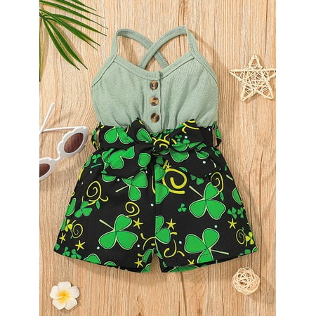 

St. Patrick s Day Baby Girls Summer Romper Sleeveless Shamrock Print Button Down Strap Jumpsuit Shorts Kids Summer Clothes (Green 18-24 Months)