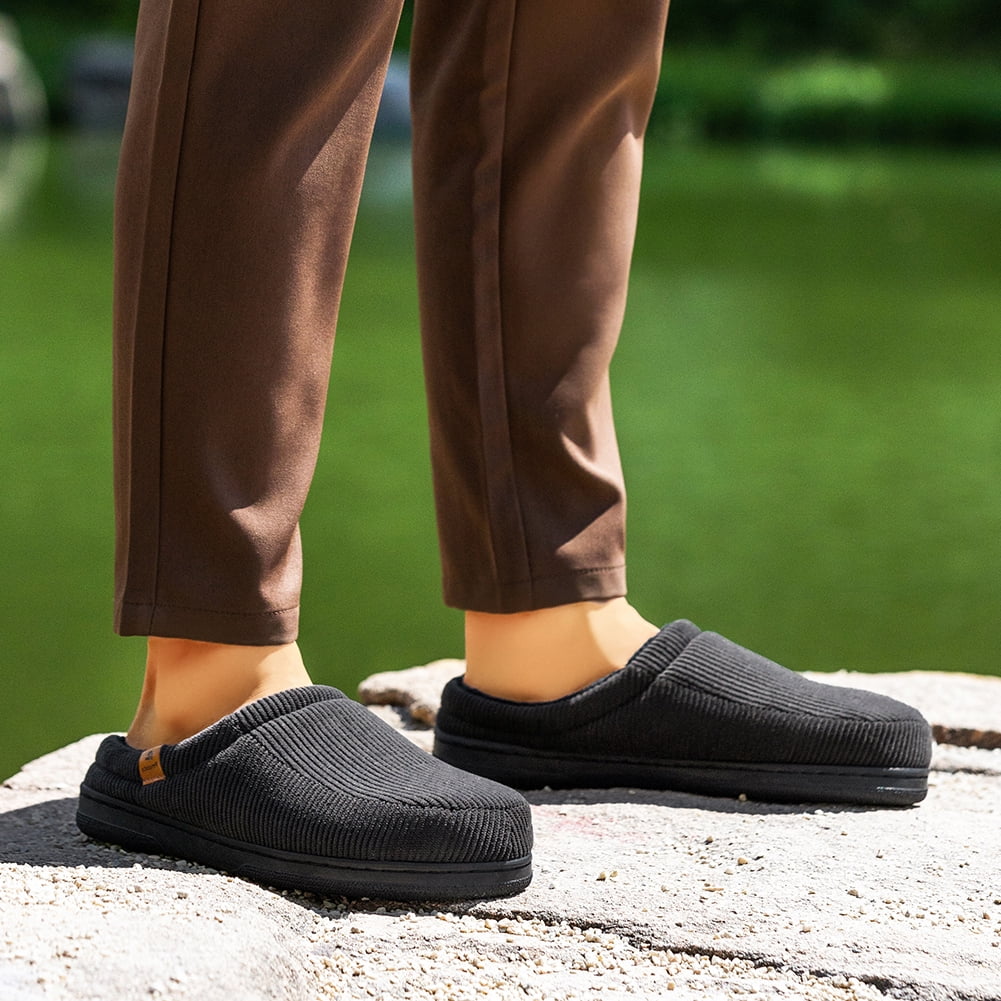 Pmoiste House Slippers for Men Stripes Splicing  Memory Foam Thermal Plush Comfy Non Slip Home Shoes