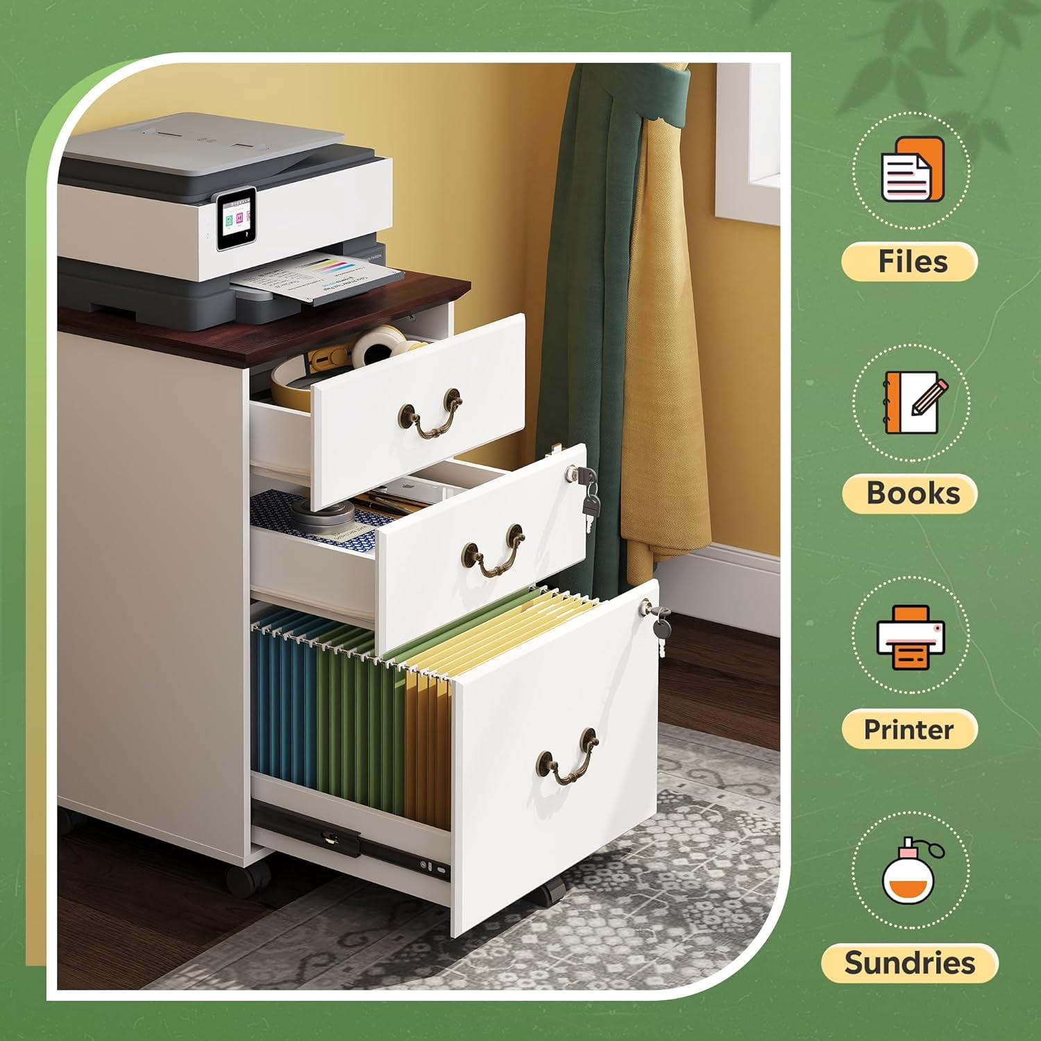 File Cabinet 3-Drawer, Small Office Furniture with Lock, Rolling Under Desk Filing Cabinet for Home Office, White
