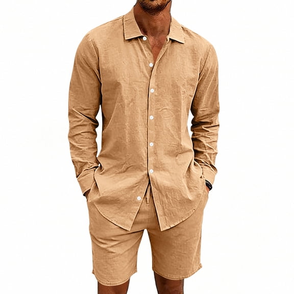 Maqroz Mens 2 Piece Outfits 2 Piece Casual Long Sleeve Summer Set Button Down Lapel Shirt & Elastic Waist Shorts Solid Lightweight Formal Dailywear