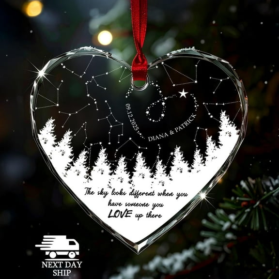 Custom Name Memorial Heart Round Glass Ornament with Constellation, Love Up There Sympathy Gift, Loss of Parent, Spouse, or Friend Gift