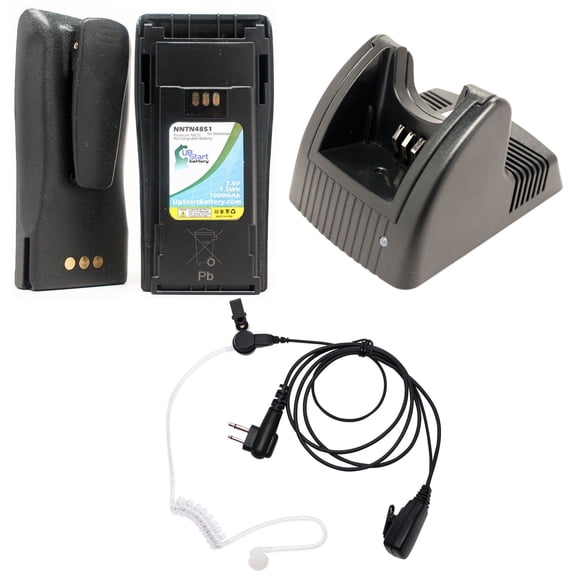 2x Pack - Motorola CP200 Battery   Charger   FBI Earpiece with Push to Talk (PTT) Microphone - Replacement for Motorola NNTN4851 Two-Way Radio (1000mAh, 7.5V, NICD)