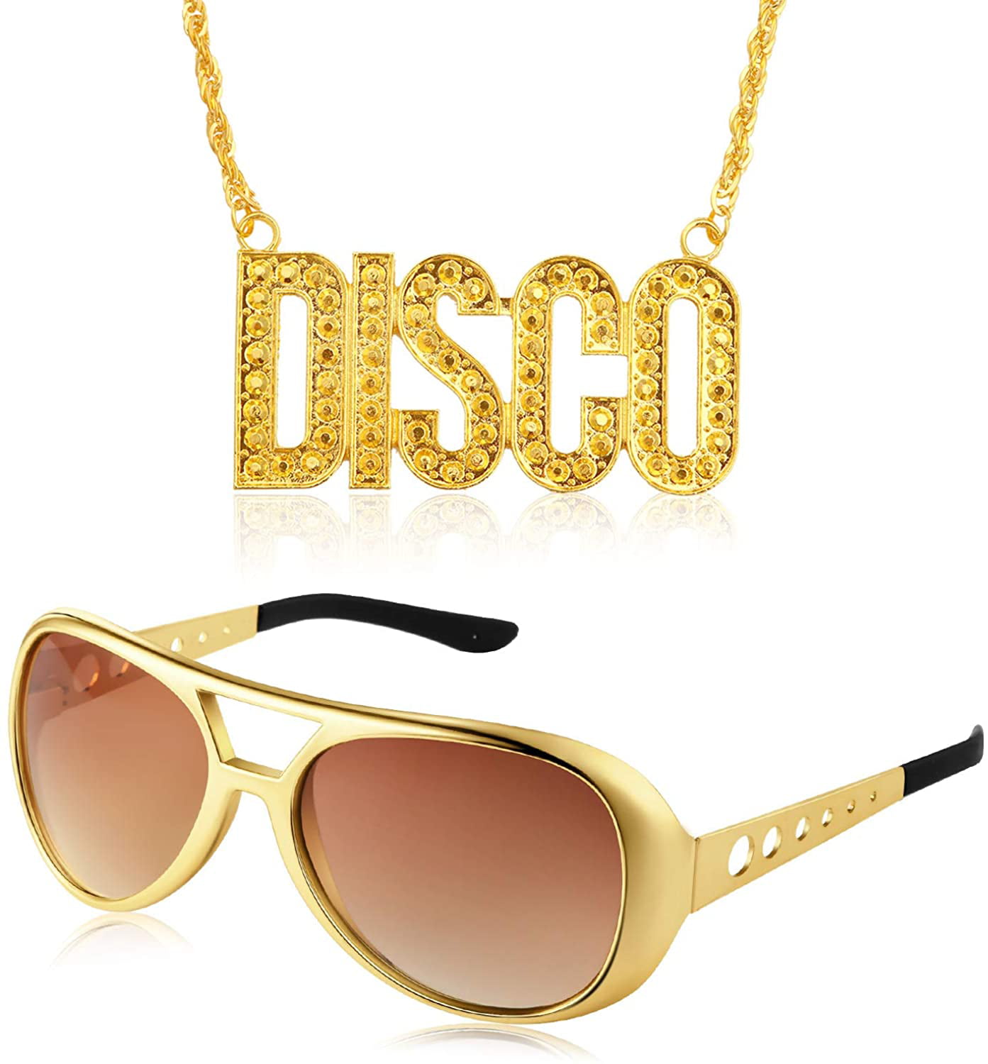 6 Pieces Disco Costume Set 3 Elvis Style Rockstar Sunglasses 3 Disco Necklace 