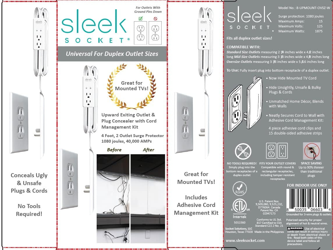 Sleek Socket - The Original & Patented Mounted TV Ultra-Thin Outlet  Concealer with Cord Concealer Kit, 2 Outlet, 4-Foot Cord, Universal Size  (No More