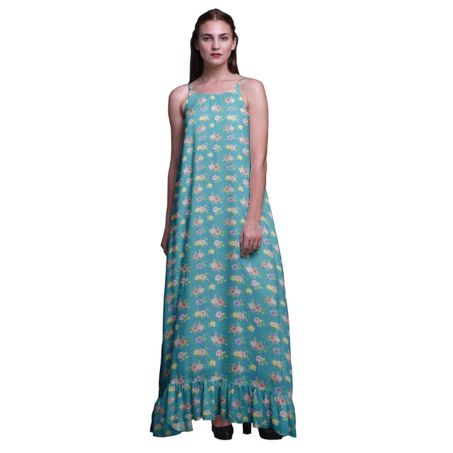 Bimba Bleu Turquoise2 Feuilles Florales et Roses Grandiflora Imprimées Vêtements de Nuit pour Femmes Longue Robe Maxi à Bretelles Spaghetti Robe de Nuit Grande