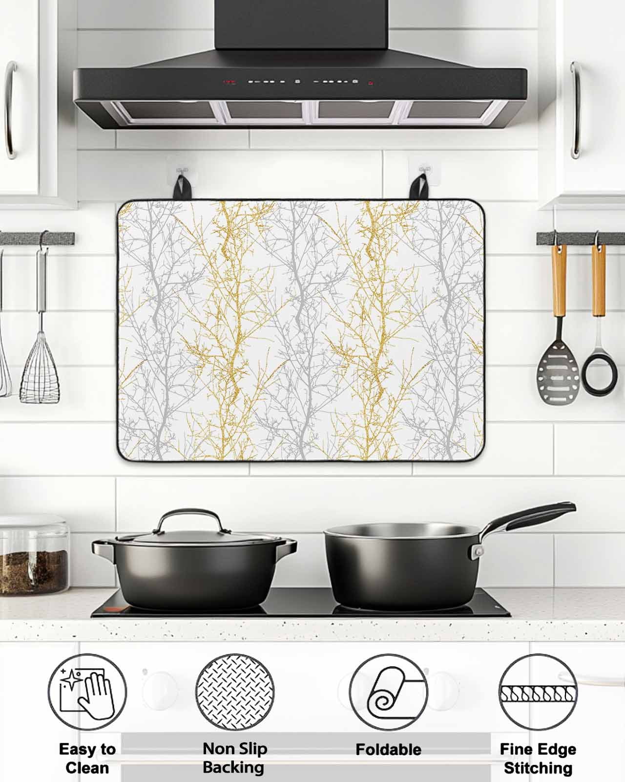Stove Top Covers for Electric Stove, Yellow Grey Glass Stovetop Cover Protector, Pastoral Botanical Branch Aesthetics Induction Cooktop Protector Oven Mat for Kitchen Countertop 24"x21"