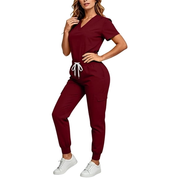 Maqroz Nursing Scrubs for Women Two Piece Medical Uniforms Short Sleeve V Neck Tops High Waisted Jogger Pants with Cargo Pockets Healthcare Professional Work Matching Sets