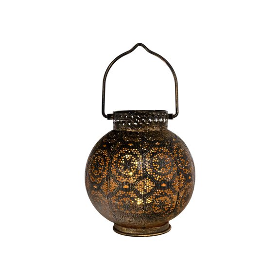 LumaBase Battery Operated Bronze Metal Lantern with Cut Out Design and White Lights