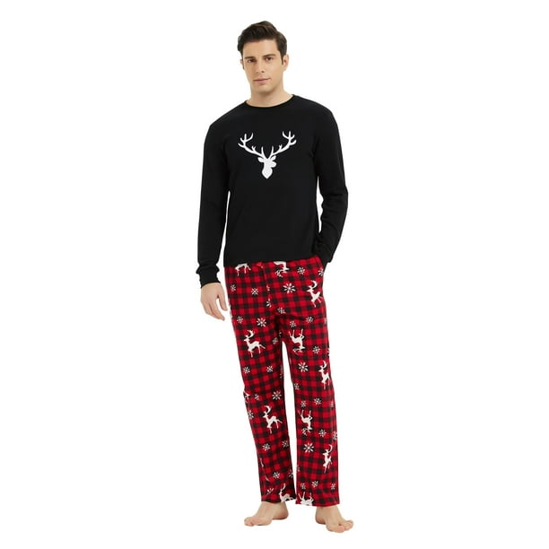 Apparonia Pijamas a Juego de Algodón para Parejas, Top de Manga Larga y Pantalones Largos, Conjuntos de Pijamas, Cuadros Navideños M M