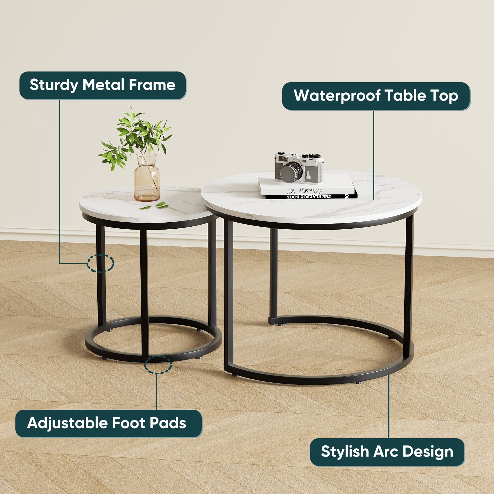 Algherohein Round Nesting Coffee Table Modern Marble Top Set of 2 for Living Room White