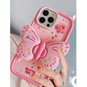 Pink Butterfly Phone Case Compatible with iPhone 11, Cute 3D Korea Dopamine Butterfly Case with Butterfly Wings Folding Stand Shockproof Silicone Soft Case