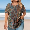 thumbnail image 2 of ZVAVZ Women Summer Tops 2025 Plus Size Floral Print Pleated Blouses Loose Button Up Henley Round Neck Shirts Casual Short Sleeve Swing Flowy Tunic Brown,3XL, 2 of 7
