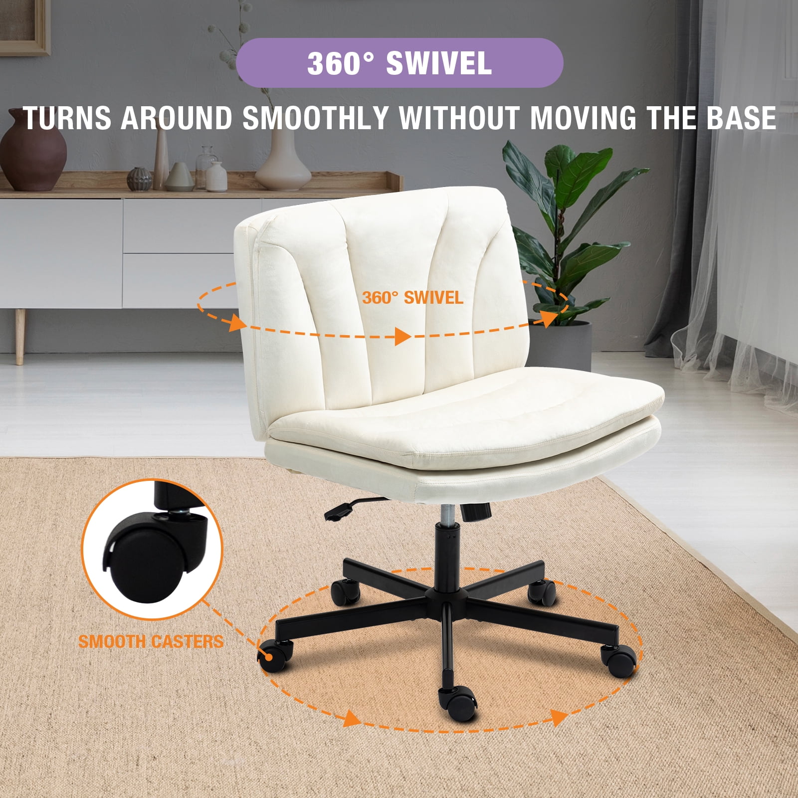 Criss Cross Legged Chair Ergonomic Home Office Desk Chair with Casters, Armless Wide Comfy Computer Task Seat Swivel Rolling Vanity Chair with Height Adjustable and Rocking Function, Beige