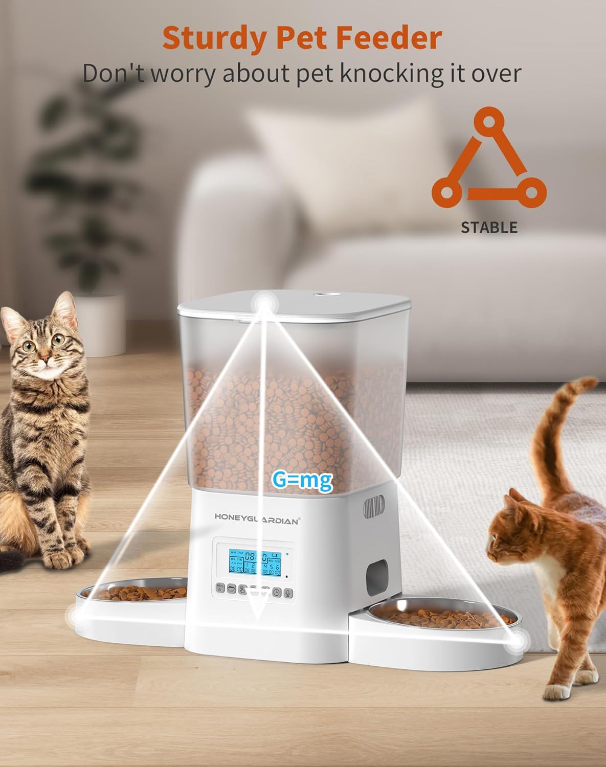 HONEYGUARDIAN Automatic Cat Feeder for 2 Cats 3.5L, Cat Food Dispenser with Stainless Steel Bowl,Timed Cat Feeder for Dry Food Programmable 1-6 Meals Control,Desiccant Bag,10s Meal Call