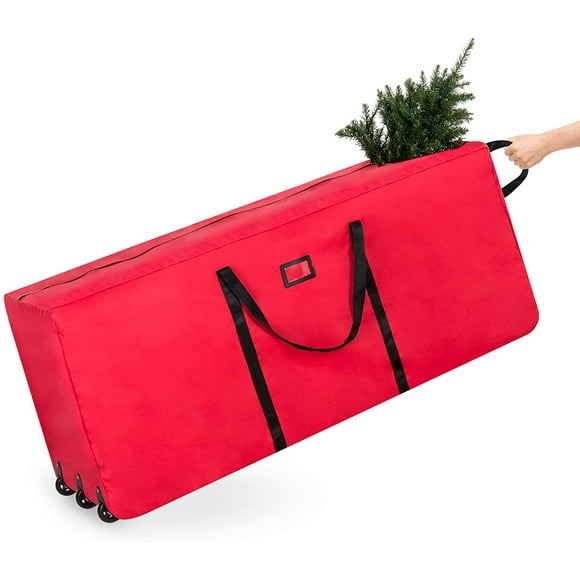Rouler Sac de Rangement Décoration de Vacances pour Arbre de Noël jusqu'à 9ft avec 600D Tissu Polyester, Roues, Poignée - Rouge