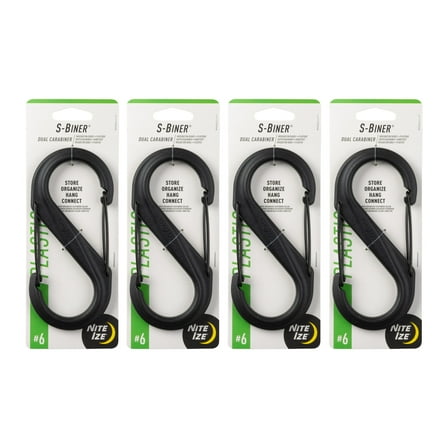 Nite Ize S-Biner Plastic Dual Carabiner - Durable Dual Carabiner with Wire Gate Closure for Organizing Keys & Keychain Attachments - Size 6, Black (4 Pack)