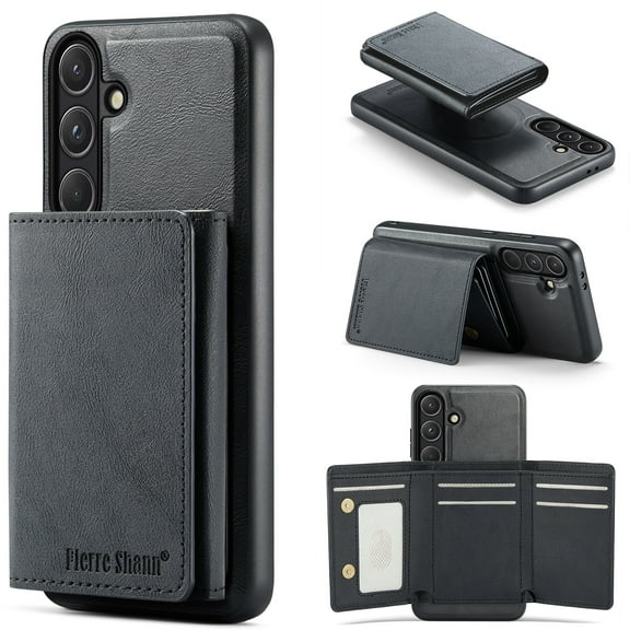 PU Leather Wallet Case for Samsung Galaxy S25, Tri-Fold Detachable Magnetic Card Bag, RFID Blocking Kickstand Magnetic Closure Classic Business Drop Protection Cover for S25, Black