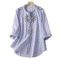thumbnail image 2 of Icvfdpl Summer Women'S Vintage Embroidered Cotton Linen Stand Half Sleeve T Shirt Blouse, 2 of 6