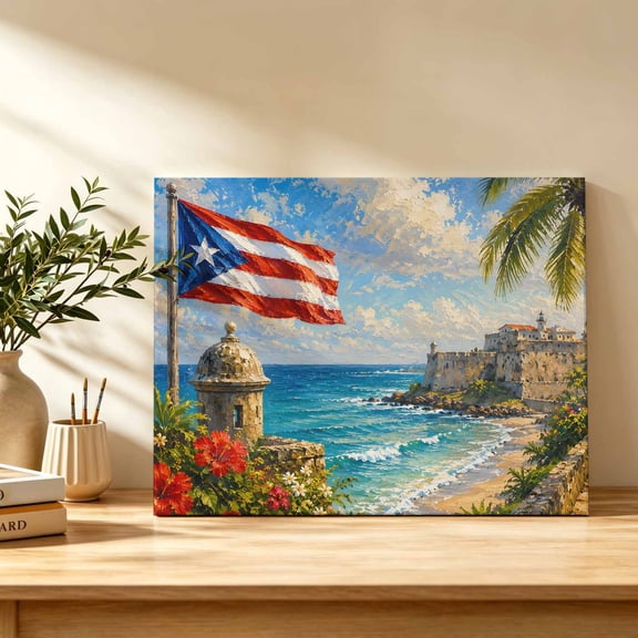 Summer Beach Canvas Wall Art, Coastal Cottage Landscape Red Blue Flag Flowers Leaf Wall Art Prints Artwork Framed Canvas Ready to Hang Art Pictures for Bedroom Living Room Closet Kitchen 16" x 12"