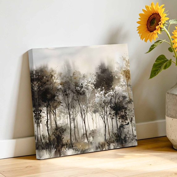 Canvas Wall Art, Black Grey Forest Framed Canvas Prints for Bathroom Desk, Botanical Vintage Art Silhouettes Small Gallery Wrapped Wall Decor for Home Office, Gifts, 8"x8" Ship Next Day