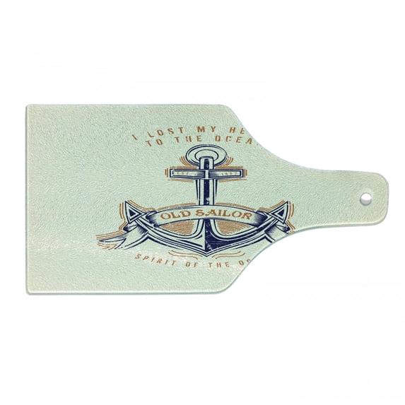 Anchor Cutting Board, Old Sailor Sign Firmly Anchored to the Ocean Image in Vintage Style, Decorative Tempered Glass Cutting and Serving Board, Wine Bottle Shape, Orange Blue Yellow, by Ambesonne