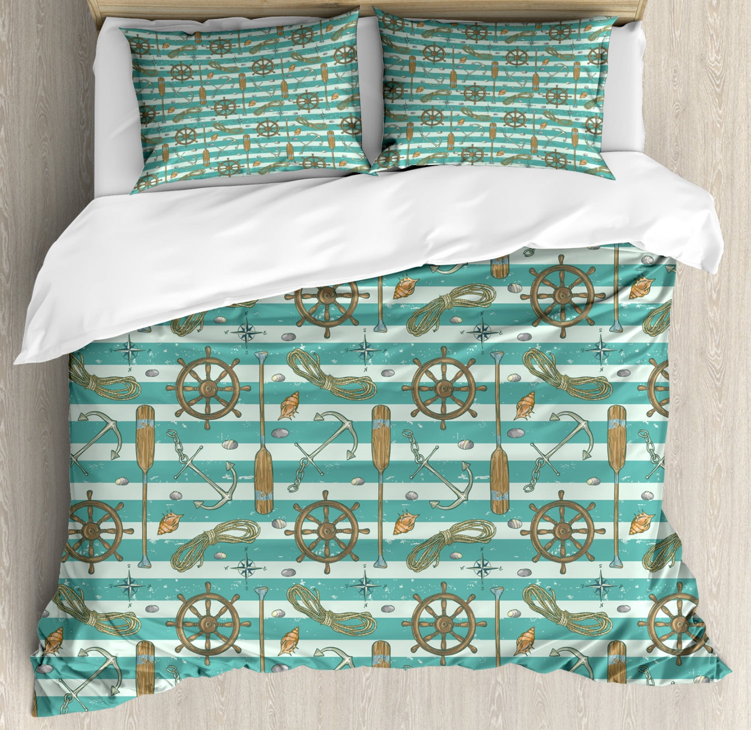 Nautical King Size Duvet Cover Set, Grungy Texture Nautical Elements