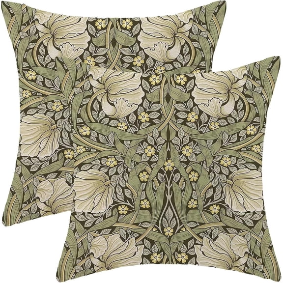 Spring Throw Pillow Covers 18x18 Set of 2, Sage Green Print Linen Decorative Pillow Covers Botanical Floral Outdoor Cushion Cover Vintage Flower Pillowcase for Sofa Couch Farmhouse Room