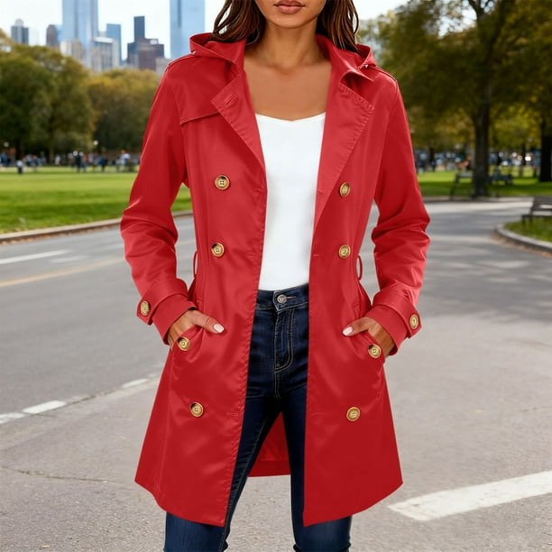 HongQid Women's Trench Coats Mid-Length Belted Overcoat Long Dress Jacket with Hood