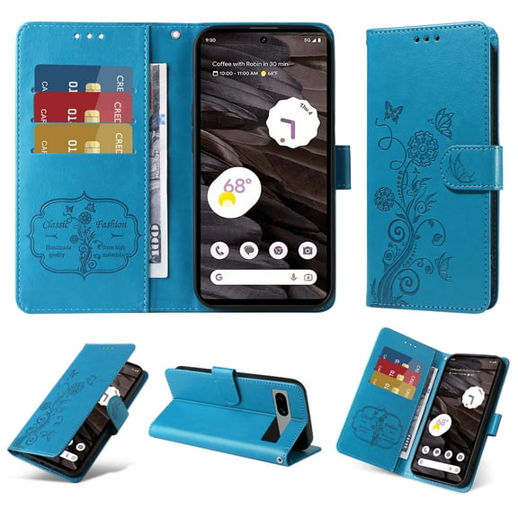 Designed for Google Pixel 7A Case Wallet,Women Flip Folio Cover with Butterfly & Flower Embossed PU Leather Stand Credit Card Holders Slots Wrist Strap Shockproof Phone Case,Blue