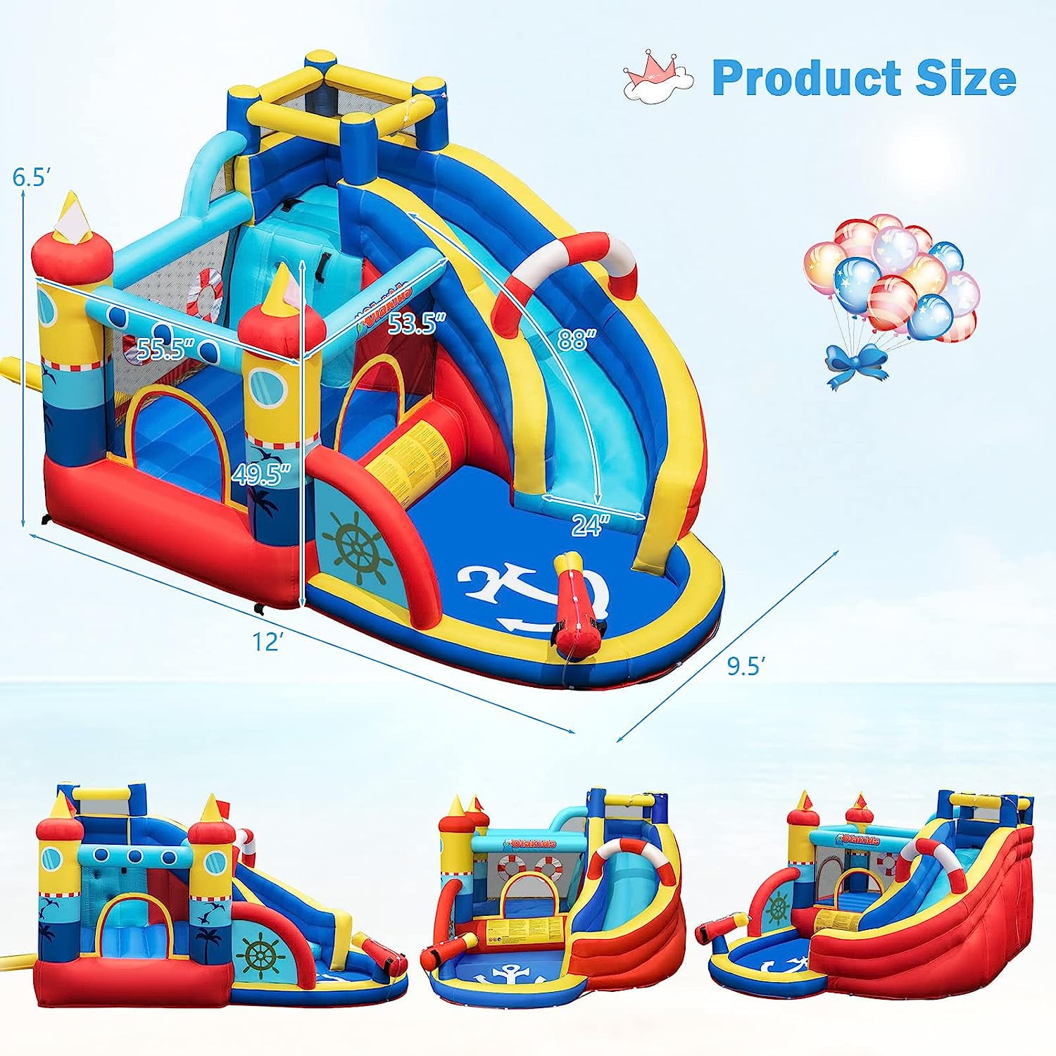 OLAKIDS Inflatable Water Slides, Nautical Themed Bouncy House with Slide, Splash Pool, Climbing Wall, Water Blast, Outdoor Jumping Castle with Hose, Carry Bag, Repairing Kit, Stakes (with Air Blower)