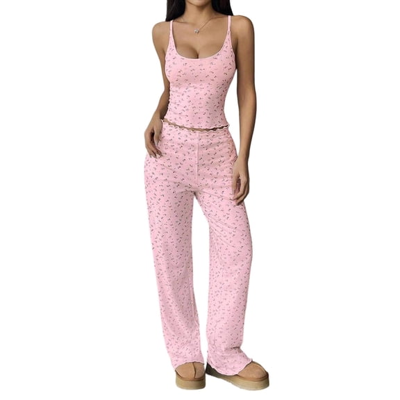 Blmnix Pajamas for Women 2 Piece Pajama Set Sleepwear Sets Sexy Pajamas Pajama Pants Pink Square Neckline Sleeveless Long Soft Pajama Set for Women,M