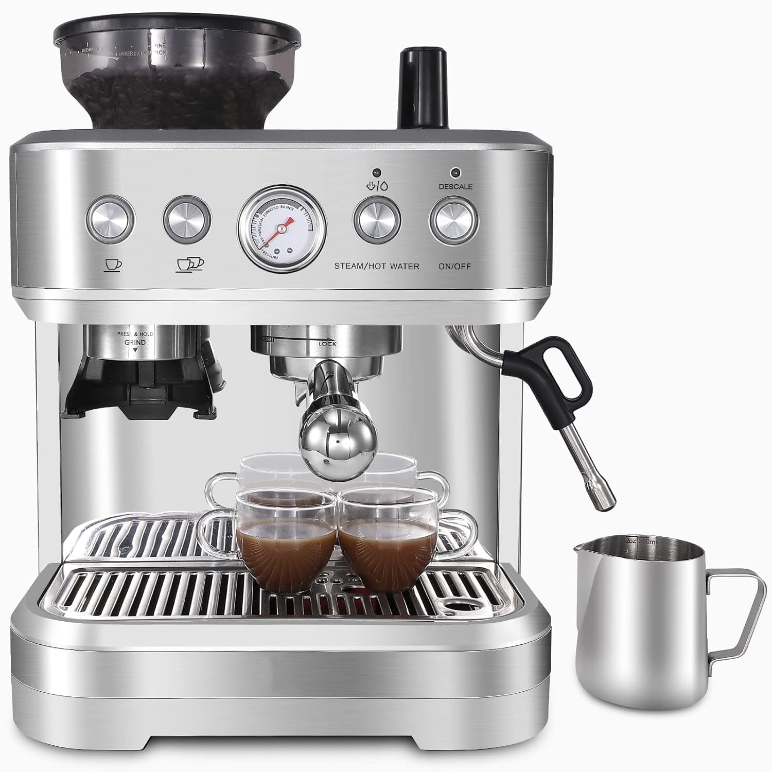 Garvee 15 Bar Professional Espresso Machine with Grinder & Milk Frother for Home Office, 1350W, Silver