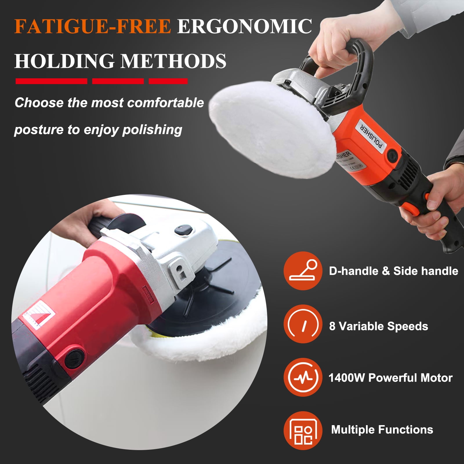 iMeshbean 8-Speed Variable Speed Polisher Rotary Orbital Soft Start Constant Power and Speed for Car Polishing Buffing Waxing Sanding Sealing Glaze 5&6&7-Inch 1400W 12.7Amp