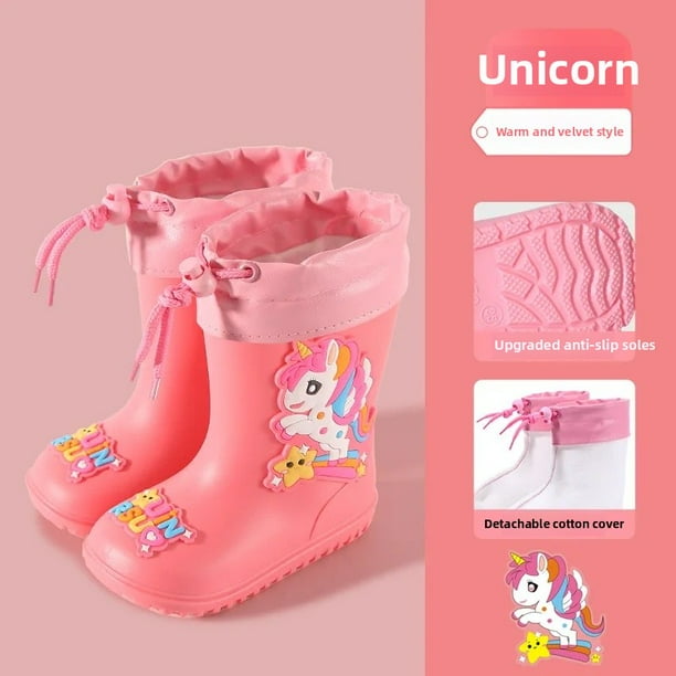 Botas de lluvia para niños, zapatos de agua antideslizantes cálidos con dibujos animados, botines de bebé de media pantorrilla extraíbles con forro polar para niños y niñas, zapatos de goma para niño