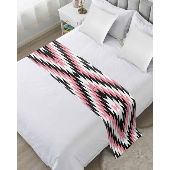 Bed Runner Scarf Twin Size, Pink Aztec Stain Bed Runners & Scarves for Foot of Beds, Black White Southwest Retro Geometric Ethnic Decorative Bedding Runner Scarf for Hotel Home Bedroom
