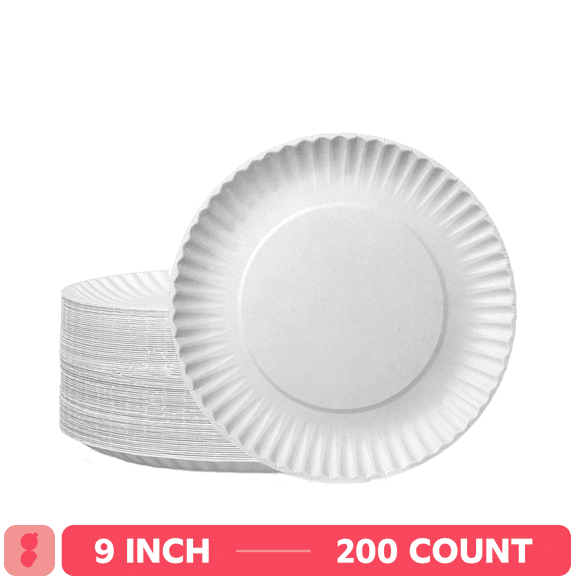 GUSTO 9 Inch Paper Plates Bulk Pack White Disposable Plates Heavy Duty, 200-Pack
