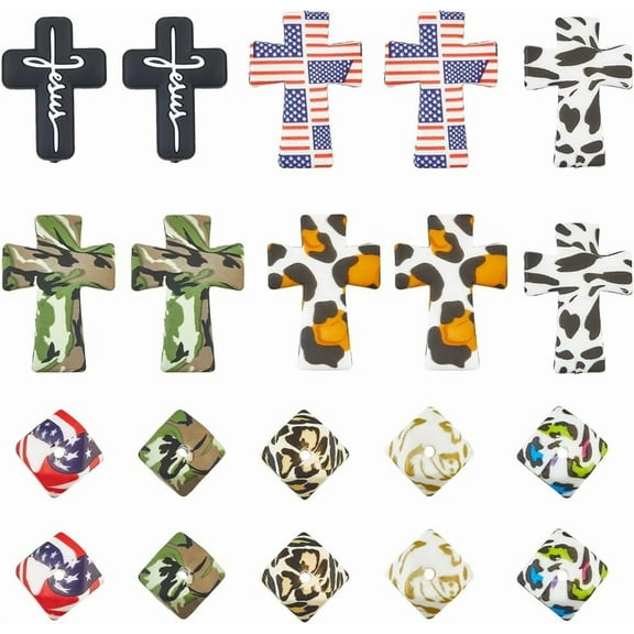 1 Box 20Pcs 10 Styles Leopard Print Silicone Beads Bulk Cross Beads Rhomboid Camouflage Character Rubber Cow Colorful Focal Bead for Pens DIY Keychain Making Bracelet Necklace Craft Adults