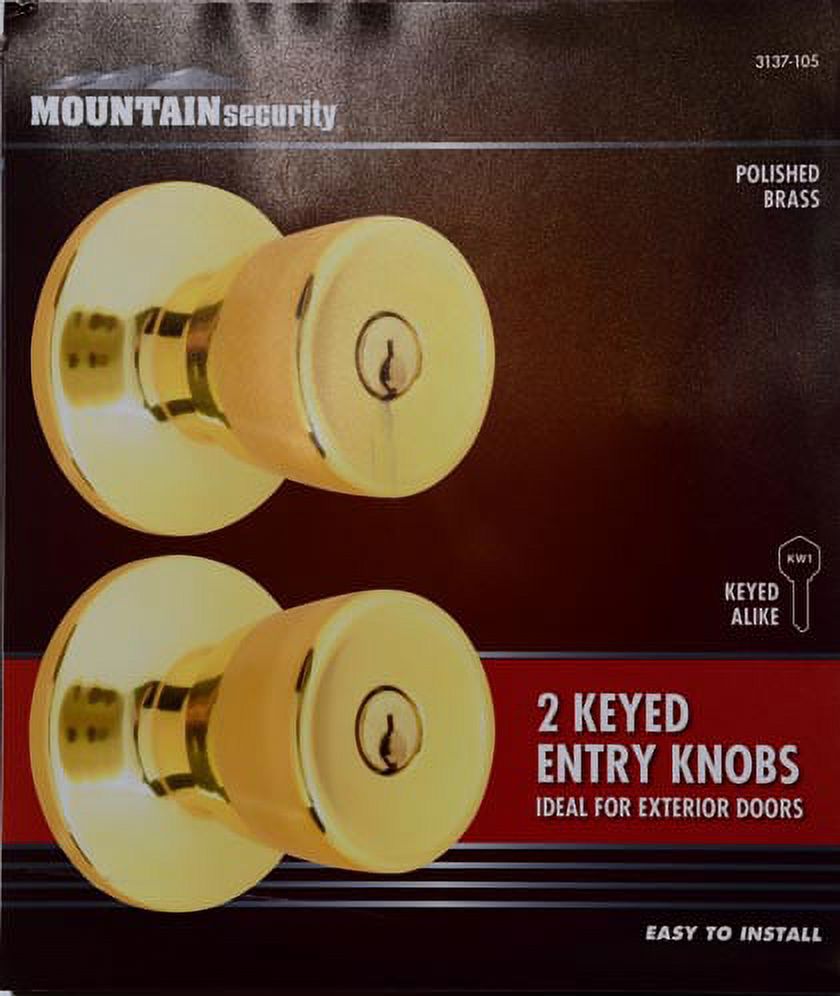 Mountain Security Entry Doorknob, Polished Brass Finish, Twin Pack