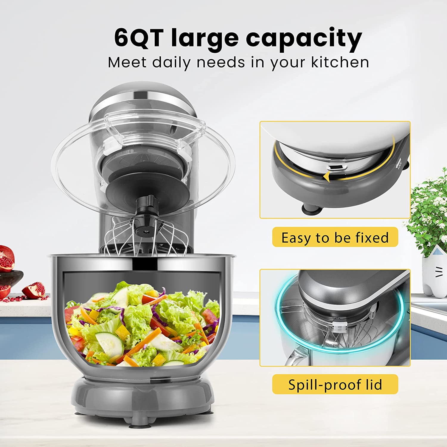 SPECSTAR Stand Mixer, 660W 10 Speed 6 Quart Tilt-Head Kitchen Electric Food Mixer with Beater, Dough Hook, Wire Whip and Egg Separator, Gray