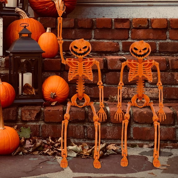 Deago 15" Halloween Pumpkin Skeleton Decorations Full Body Skeleton with Posable Joints for Haunted House Props Decorations, 2 Packs